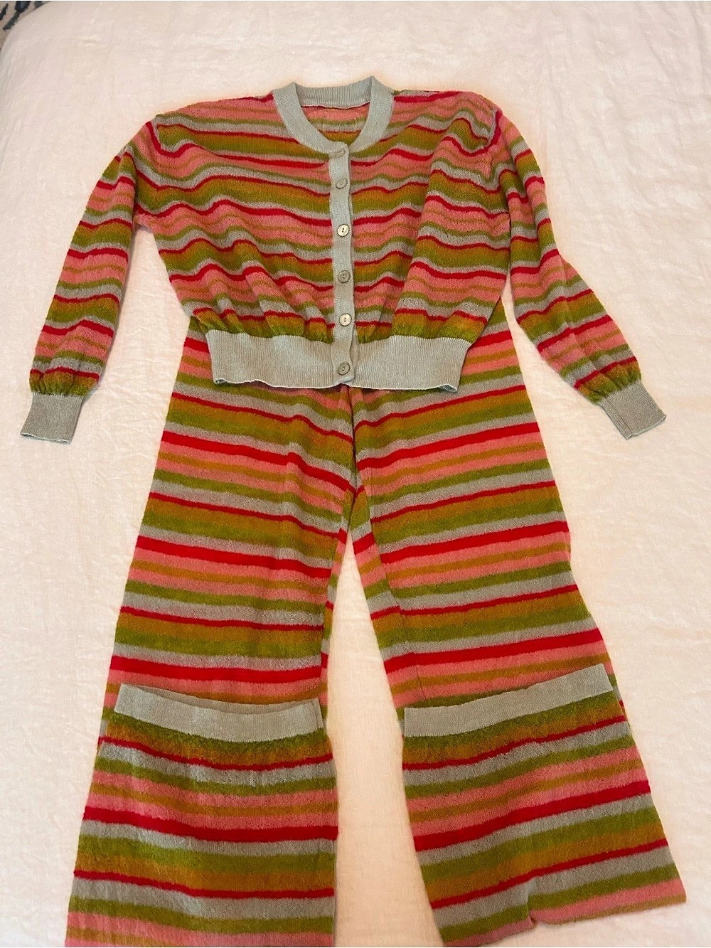 Daily Drills Striped Knit Cardigan and Pants Set Jumpsuit Pink & Green Small
